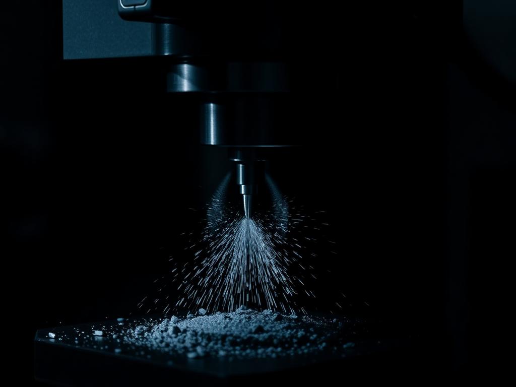 Multi-axis CNC milling spindle cutting a metal part